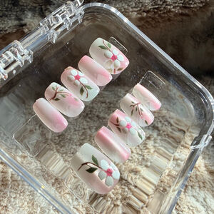 Pink Floral Prints Cat-eye Press-on Nails, Feminine Whimsical Nails, Sz S